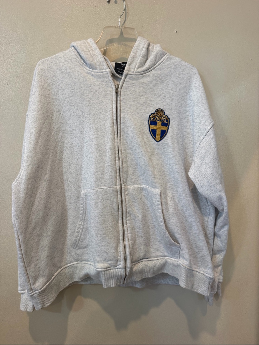 Kapital Light Gray Zip-Up Hoodie with Blue & Gold Shield Patch